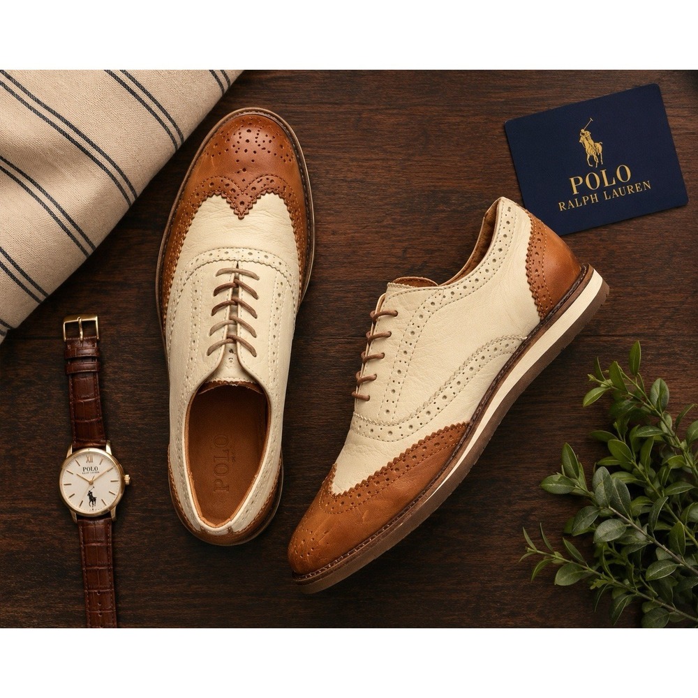 Polo Ralph Lauren Johnsly Brown Wingtip Oxford Leather Dress Sneakers Shoes 8.5D